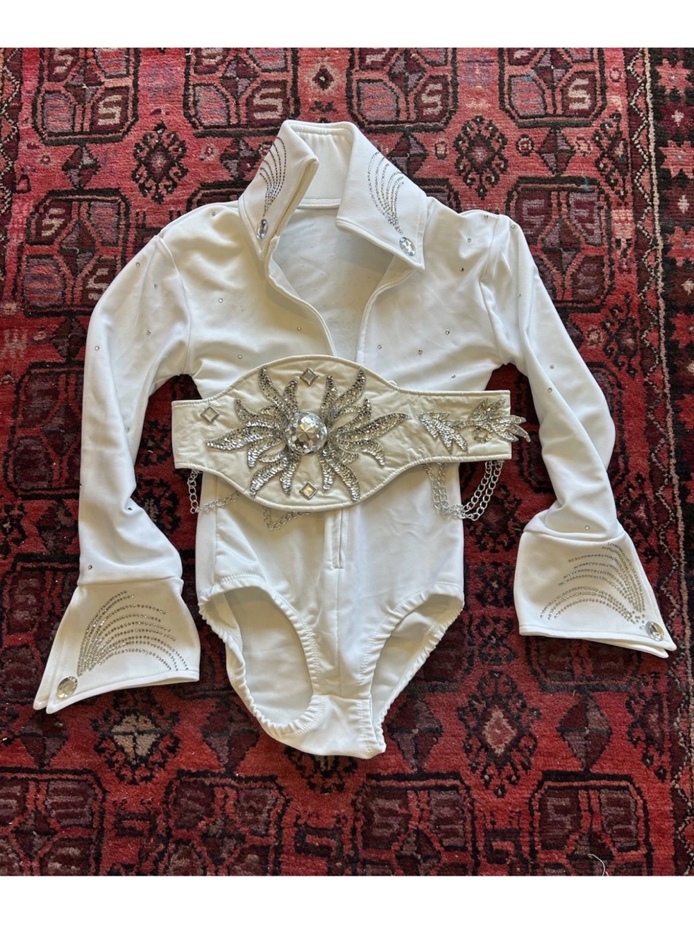 Men’s Vintage Handmade Elvis Style Rhinestone Stage Leotard Belt White S